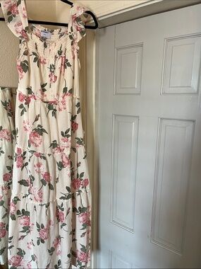 Old Navy Cream Midi Dress with Pink Rose Print